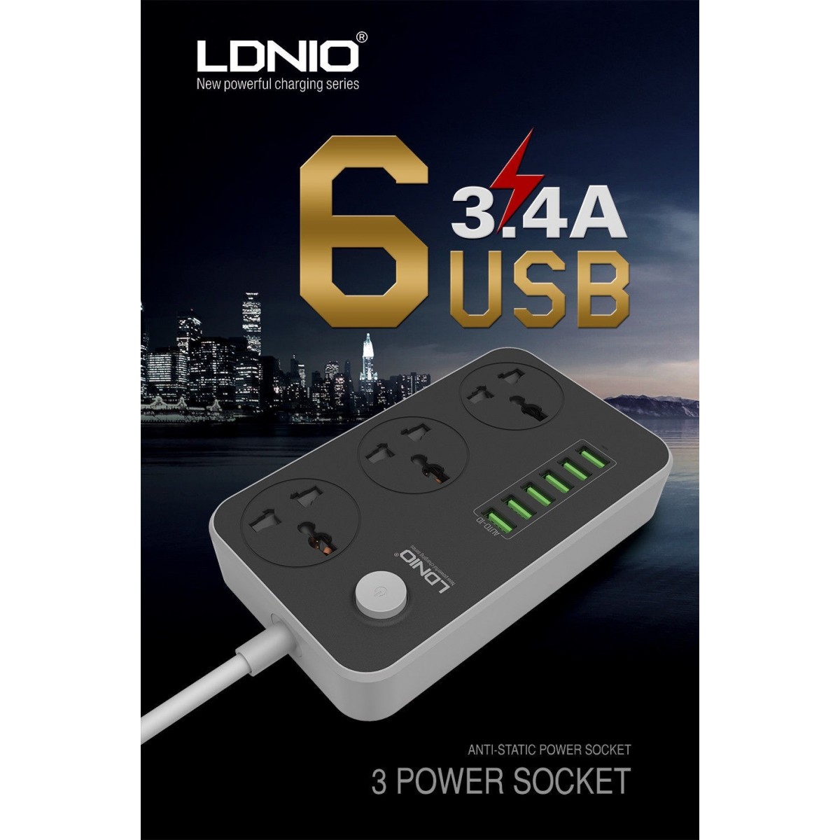 Bloc Multiprises LDNIO SC3604 avec 3 Prises 2500W 10A + 6 Ports USB 3,4A 2M