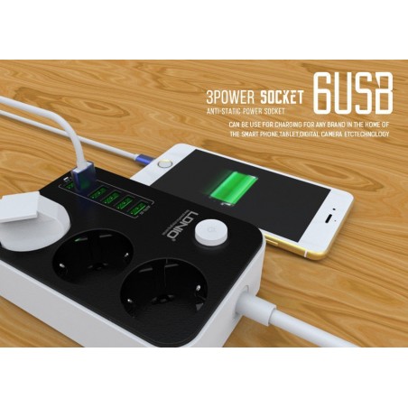 Bloc Multiprises LDNIO SE3631 avec 3 Prises 2500W 10A + 6 Ports USB 3,4A 1.6M
