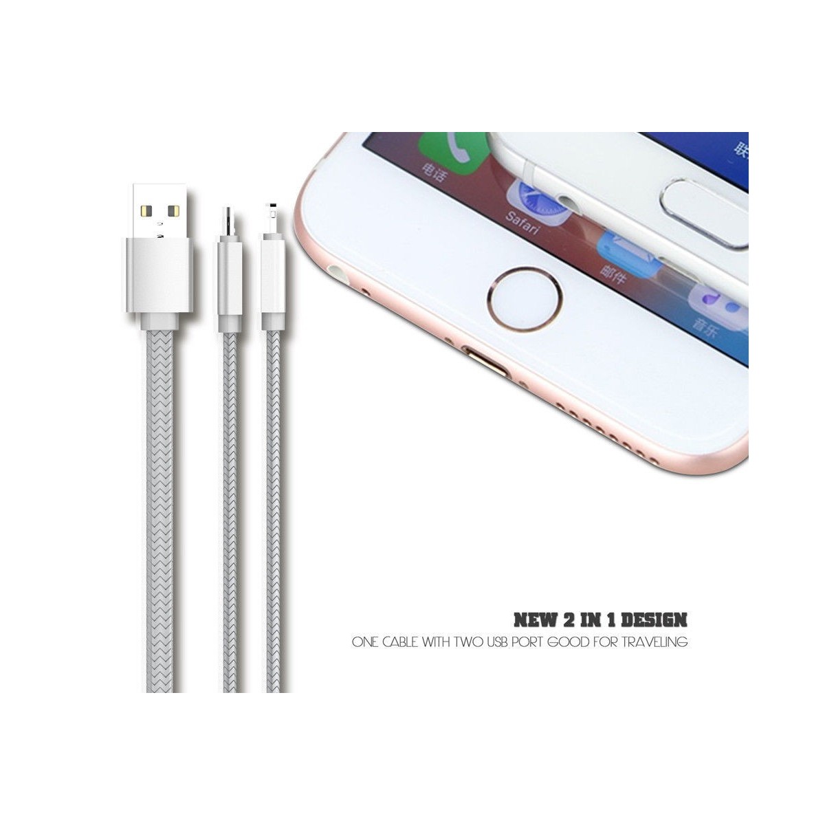 Câble 2 en 1 (Pour iPhone+Micro-USB) LDNIO LC86 Argent 1.1m