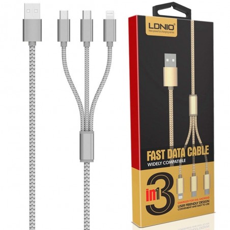Câble 3 en 1 (Lighting+Micro-USB+Micro-USB) LDNIO LC85 Argent 1,2m