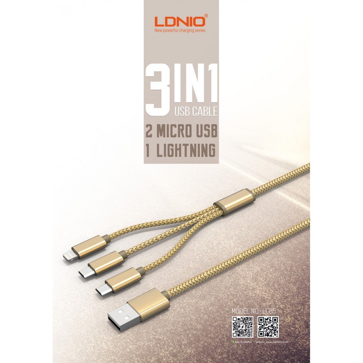 Câble 3 en 1 (Lighting+Micro-USB+Micro-USB) LDNIO LC85 Or 1,2m