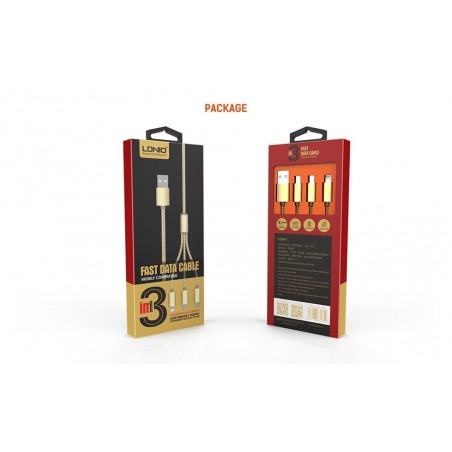 Câble 3 en 1 (Lighting+Micro-USB+Micro-USB) LDNIO LC85 Or 1,2m