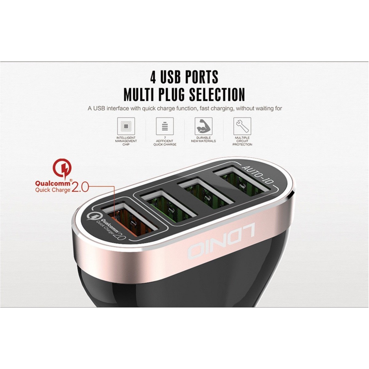 Chargeur de voiture LDNIO C701QI 4 Ports USB, 6.6A avec Câble compatible avec iPhone