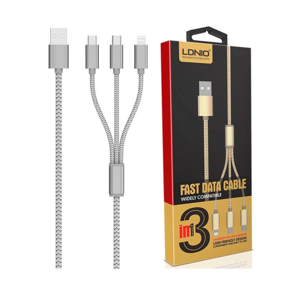 Câble 3 en 1 (Lighting+Micro-USB+Micro-USB) LDNIO LC85 Argent 1,2m