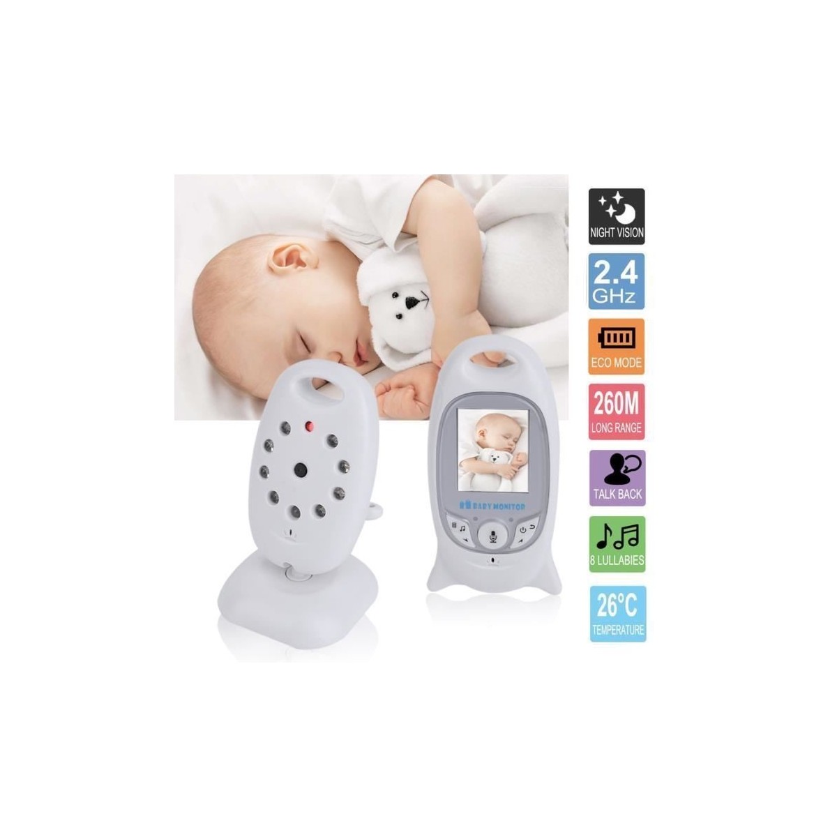 Video Baby Phone sans fils avec Microphone et Nocture vision 2.0 Pouces VB601