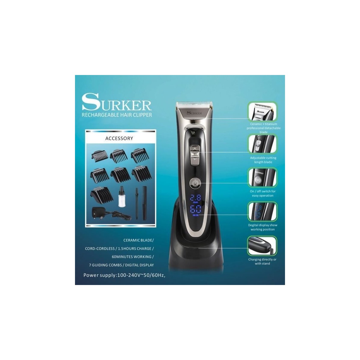 Tondeuse Cheveux Surker RFC-688B Tondeuse Barbe Electrique avec Ecran LCD Sans Fil Rechargeable avec 7 Sabots