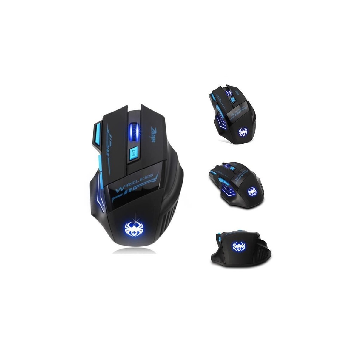 Souris de Jeu 7 Boutons Souris Gaming LED Optique 2400 DPI Zelotes F14 Noir-Bleu 2.4Ghz