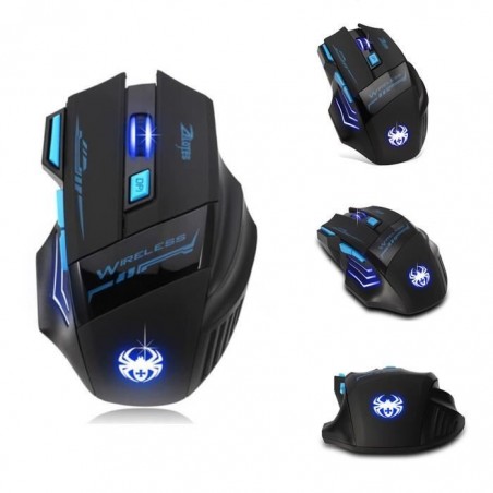 Souris de Jeu 7 Boutons Souris Gaming LED Optique 2400 DPI Zelotes F14 Noir-Bleu 2.4Ghz
