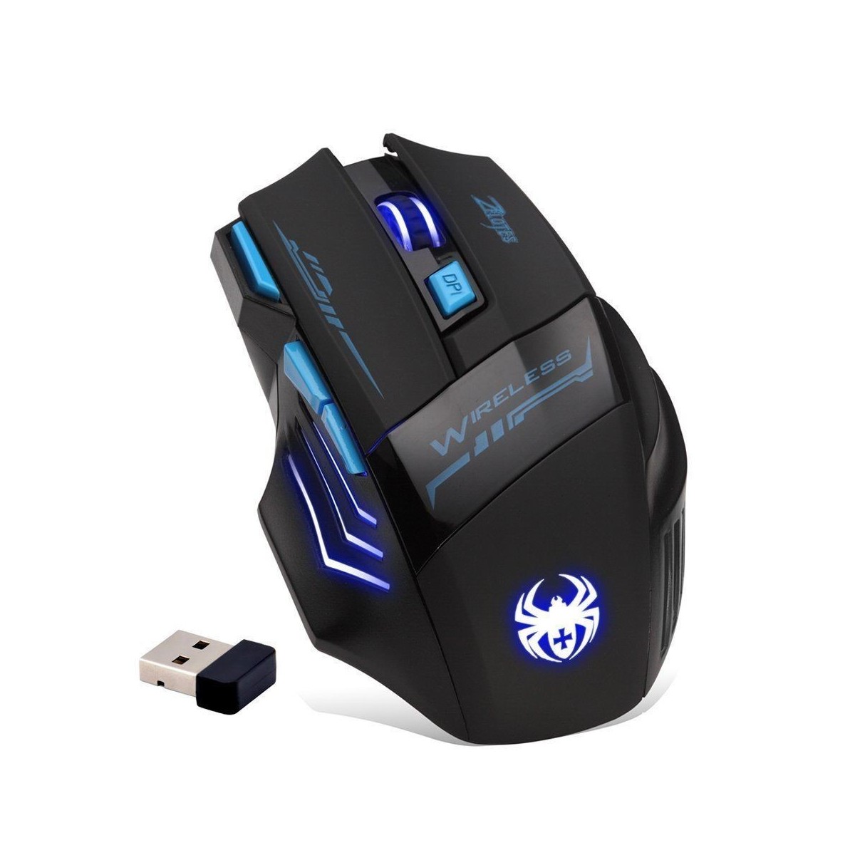 Souris de Jeu 7 Boutons Souris Gaming LED Optique 2400 DPI Zelotes F14 Noir-Bleu 2.4Ghz