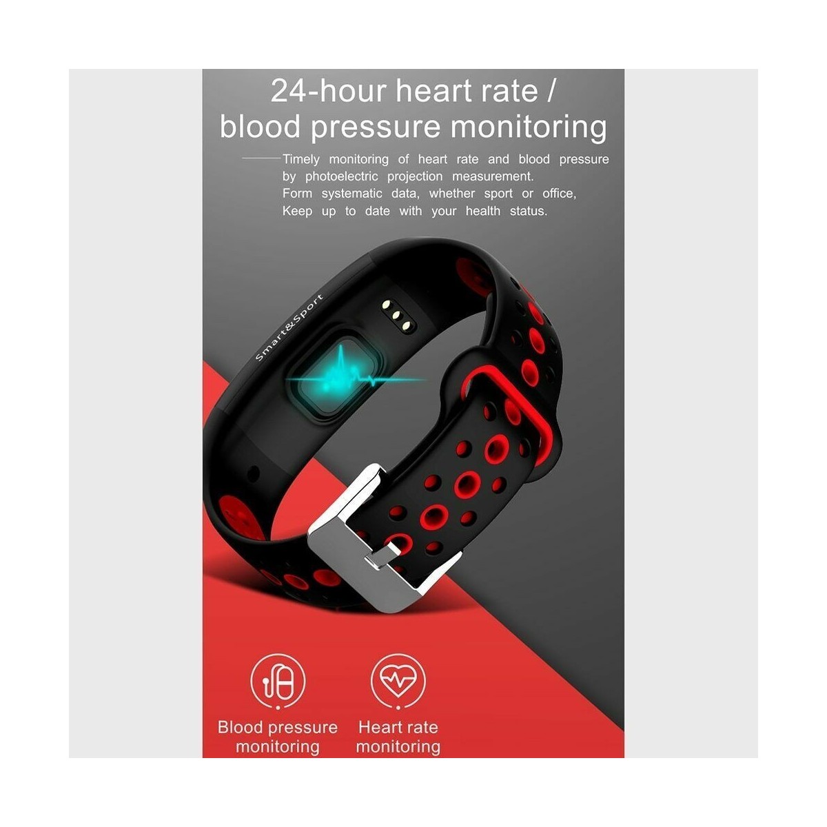 Bracelet connecté Noir-Rouge IP68 Bluetooth - Tracker Activité Écran couleur Rythme Cardiaque Podomètre