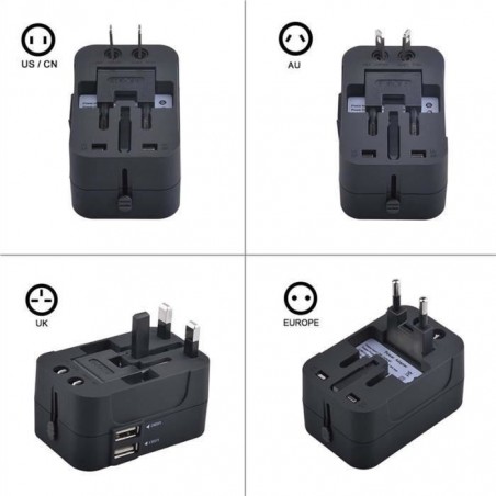 Chargeur Adaptateur de Voyage Universel, US EU UK AU avec 2 USB Ports