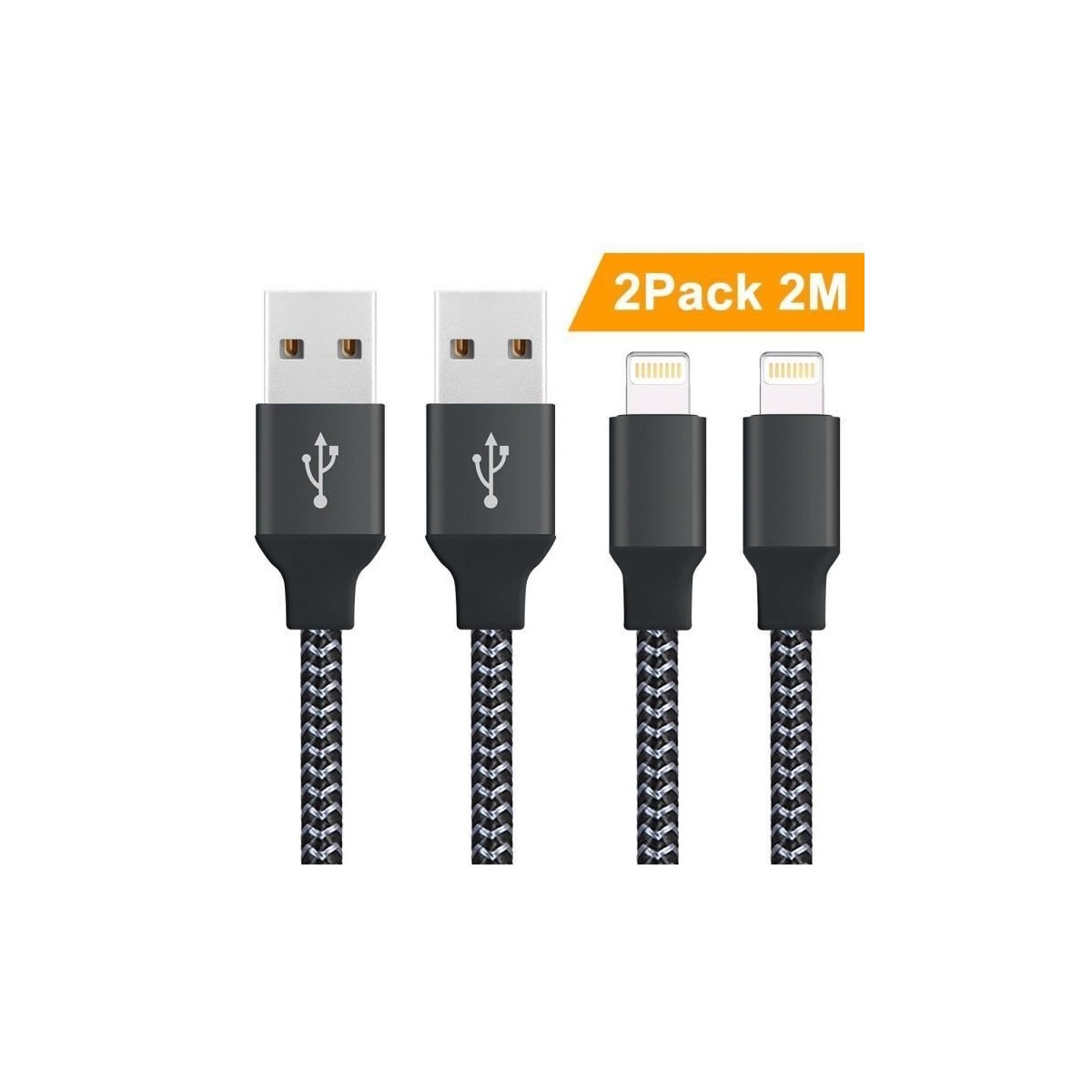 Pack de 2 Câble pour iPhone Chargeur 2m Cable en Nylon Tressé avec Connecteur en Aluminium pour iPhone X 8 7 6