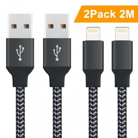 Pack de 2 Câble pour iPhone Chargeur 2m Cable en Nylon Tressé avec Connecteur en Aluminium pour iPhone X 8 7 6