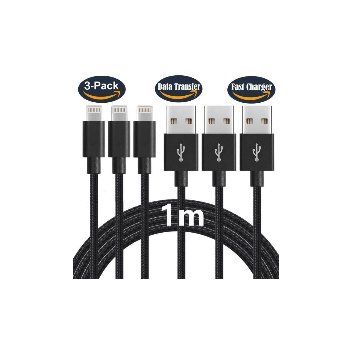 Pack de 3 Câbles Chargeurs 1m en nylon tressé pour iPhone Xs max/Xs/XR/X 8 8Plus 7 7Plus 6 6S Plus/iPad/iPod