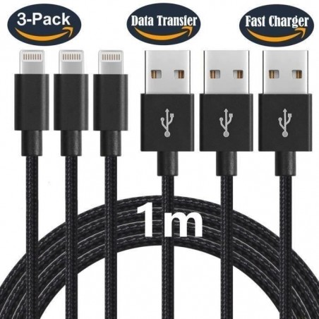 Pack de 3 Câbles Chargeurs 1m en nylon tressé pour iPhone Xs max/Xs/XR/X 8 8Plus 7 7Plus 6 6S Plus/iPad/iPod