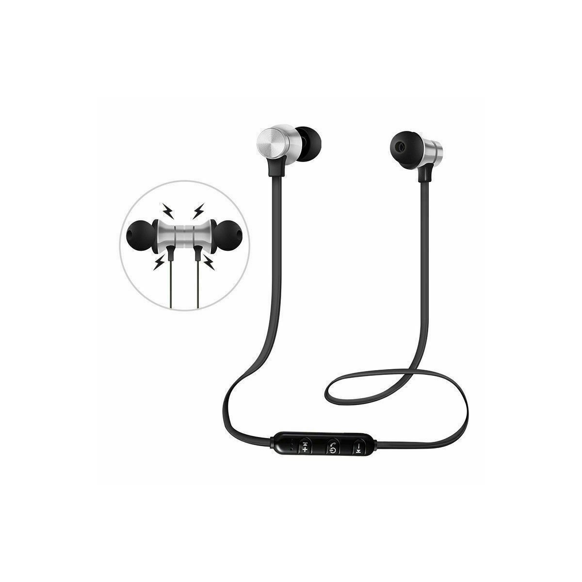 Écouteurs Argent Bluetooth Sans Fil Stéréo Casque Sport Magnétique Sans Fil