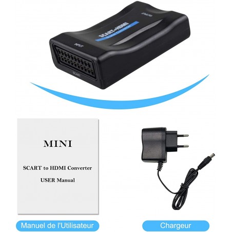 Convertisseur avec cable USB-12V 1080P SCART vers HDMI Adaptateur de Signal CRT TV, VHS VCR, DVD Support NTSC PAL
