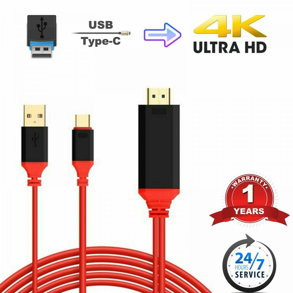 Câble Adaptateur Type-C vers HDMI Rouge 2 M Ultra HD 1080P 4K + USB