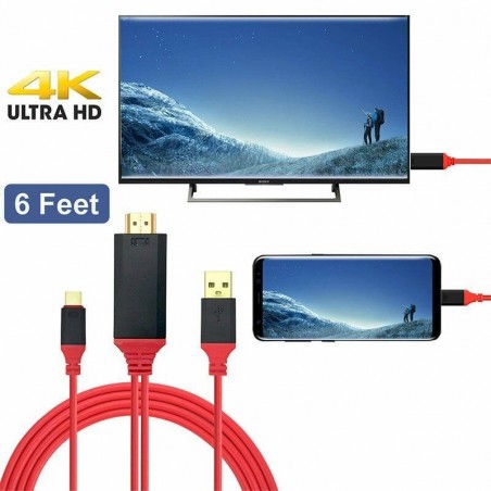 Câble Adaptateur Type-C vers HDMI Rouge 2 M Ultra HD 1080P 4K + USB