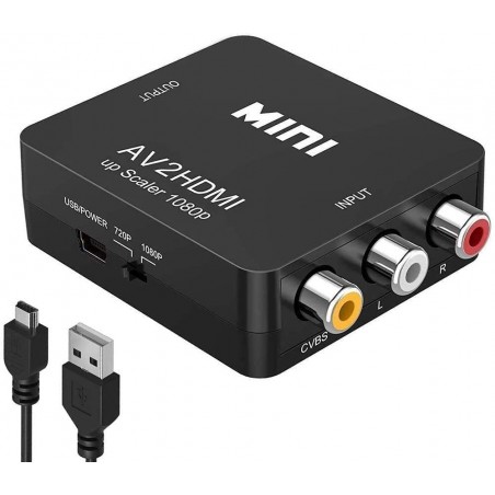 Adaptateur RCA vers HDMI, Adaptateur vidéo Mini AV vers HDMI compatible 1080P AV2HDMI Noir