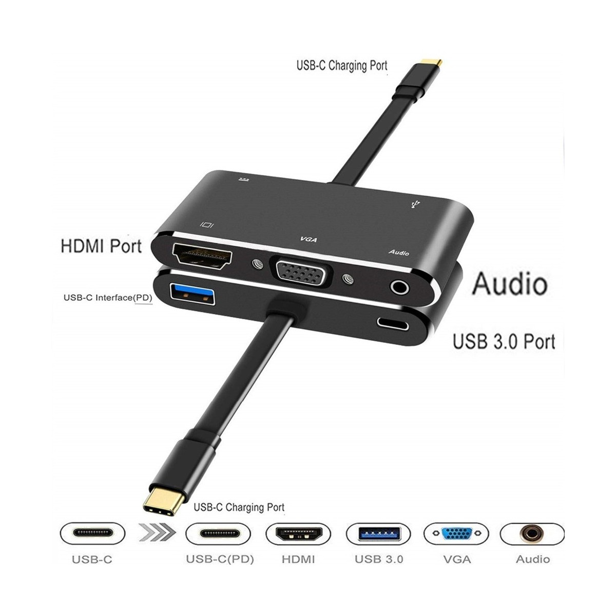 Adaptateur USB C vers HDMI 4K 5 en 1 Type-C vers HDMI / VGA / Audio / Port USB 3.0 + Port USB C (PD) Convertisseur pour MacBook 