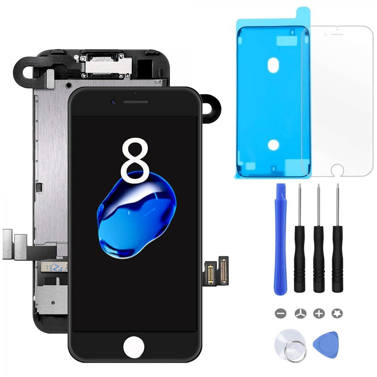 BLOC LCD POUR IPHONE 8 NOIR TOUT ASSEMBLÉ VITRE TACTILE + ECRAN LCD REMPLACEMENT + OUTILS + 1 VERRE TREMPÉ + JOINT