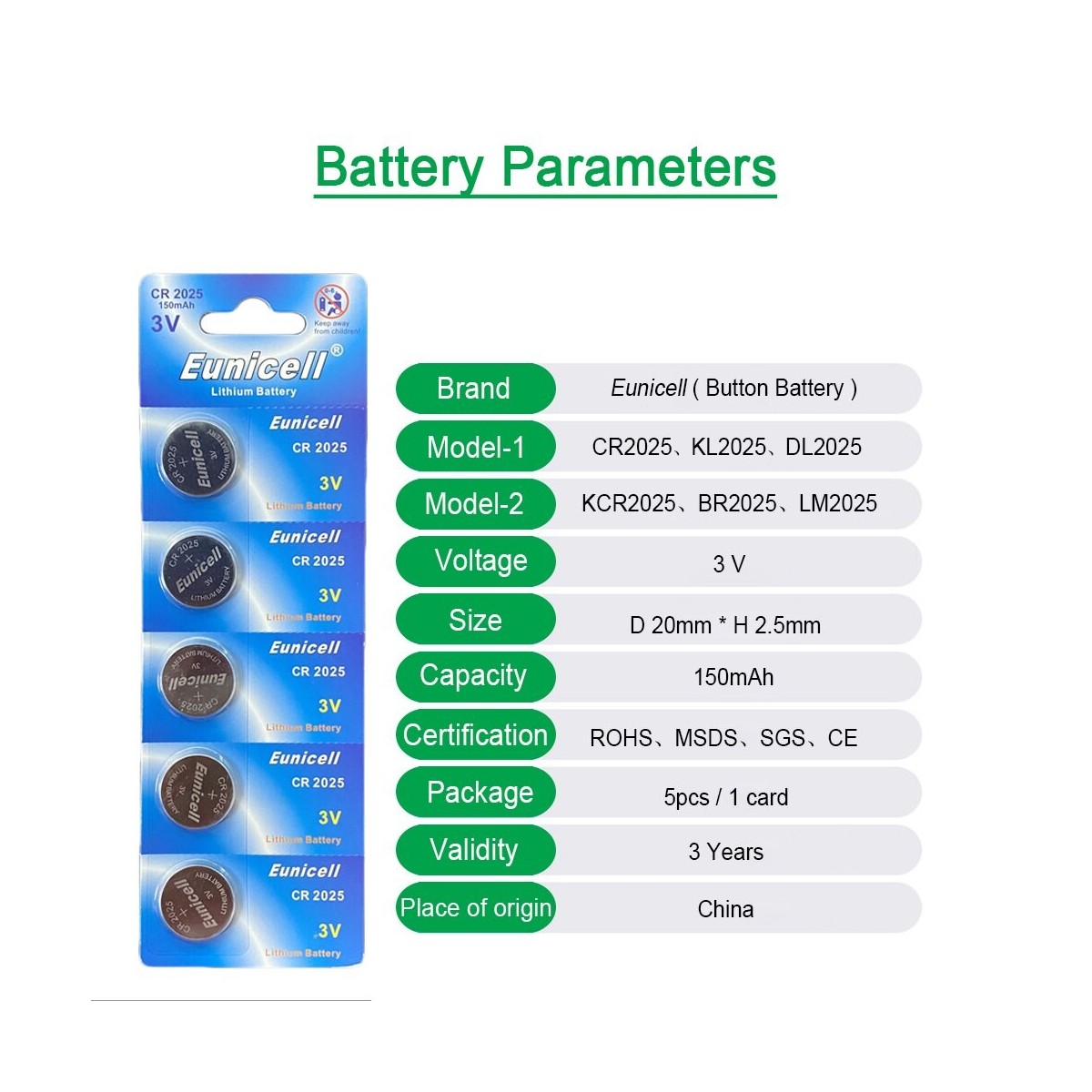 LOT DE 20 PILES EUNICELL BOUTONS CR2025 NEUF avec SmartParts