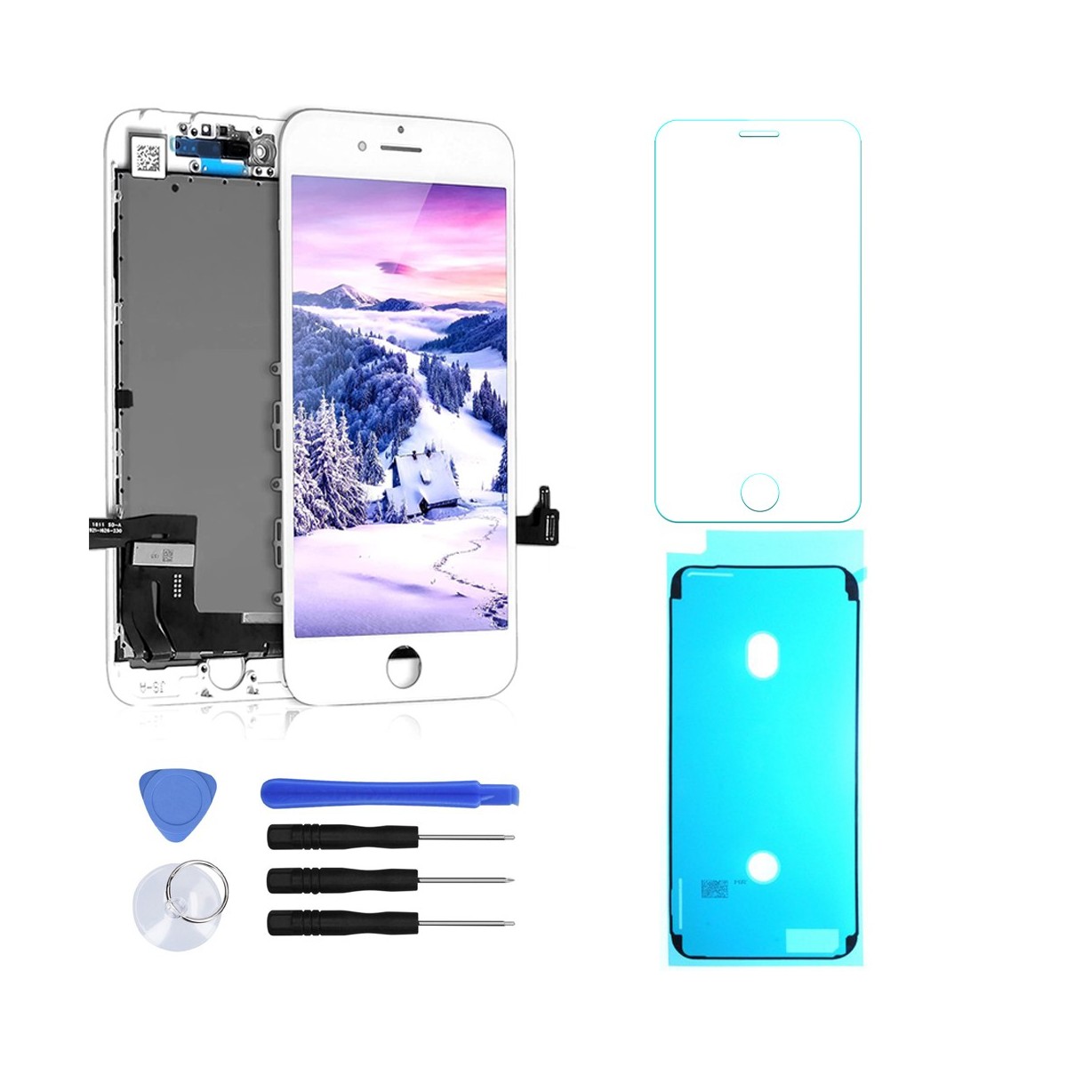 ECRAN LCD POUR IPHONE 7 BLANC + VITRE TACTILE SUR CHASSIS + OUTILS + 1 VERRE TREMPÉ + JOINT