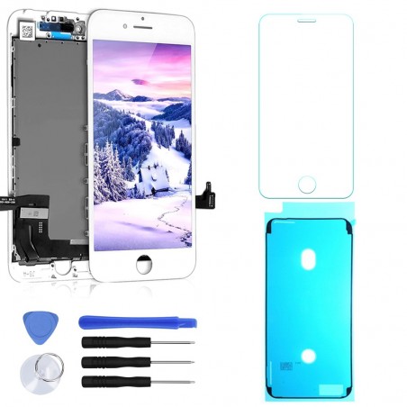 ECRAN LCD POUR IPHONE 7 BLANC + VITRE TACTILE SUR CHASSIS + OUTILS + 1 VERRE TREMPÉ + JOINT
