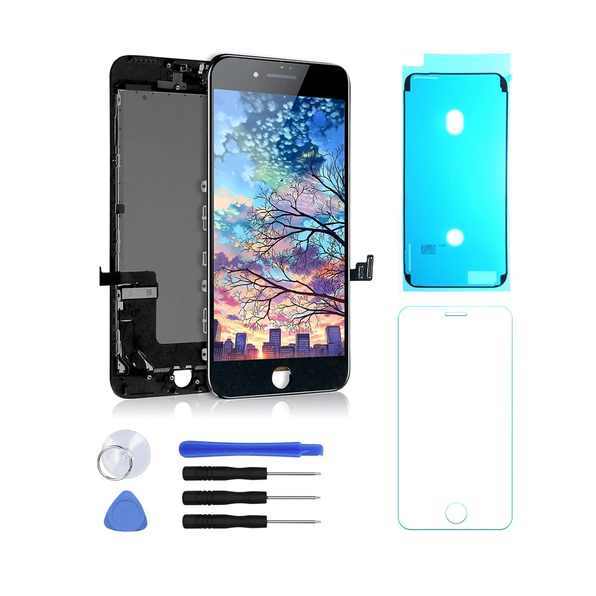 ECRAN LCD POUR IPHONE 7 PLUS NOIR + VITRE TACTILE SUR CHASSIS + OUTILS +VERRE + JOINT