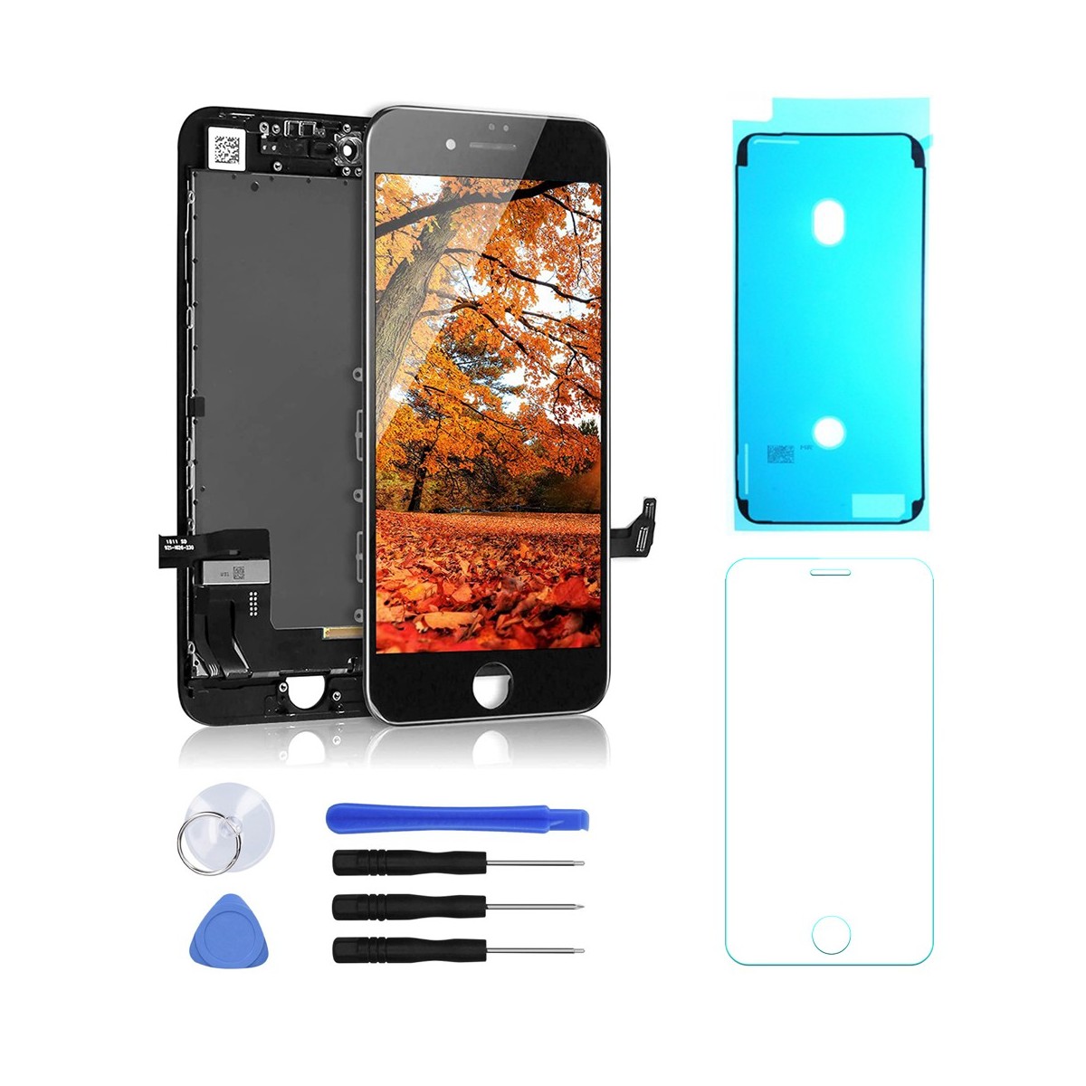 ECRAN LCD POUR IPHONE 8 NOIR + VITRE TACTILE SUR CHASSIS + OUTILS + 1 VERRE TREMPÉ + JOINT