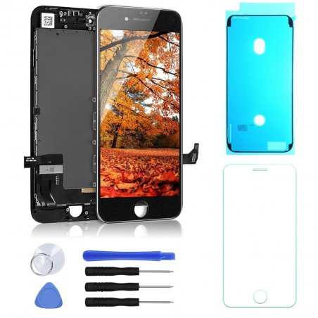 ECRAN LCD POUR IPHONE 8 NOIR + VITRE TACTILE SUR CHASSIS + OUTILS + 1 VERRE TREMPÉ + JOINT