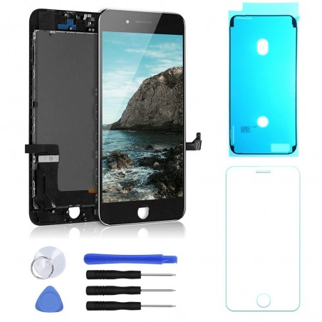 ECRAN LCD POUR IPHONE 8 PLUS NOIR + VITRE TACTILE SUR CHASSIS + OUTILS + JOINT + VERRE