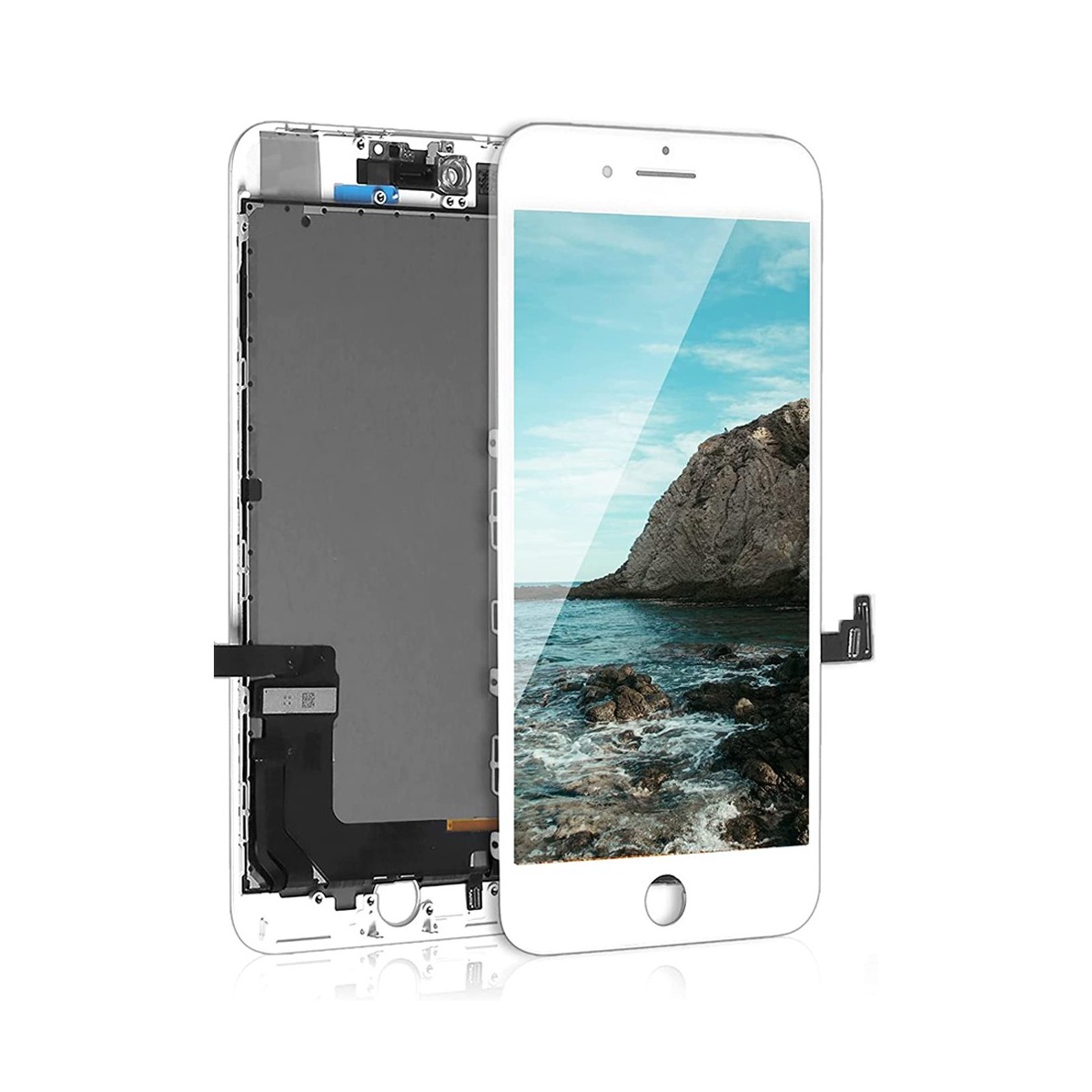 ECRAN LCD POUR IPHONE 8 PLUS BLANC NU + VITRE TACTILE SUR CHASSIS SANS OUTILS