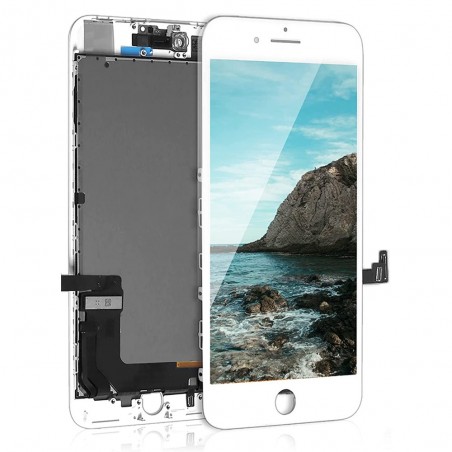 ECRAN LCD POUR IPHONE 8 PLUS BLANC NU + VITRE TACTILE SUR CHASSIS SANS OUTILS