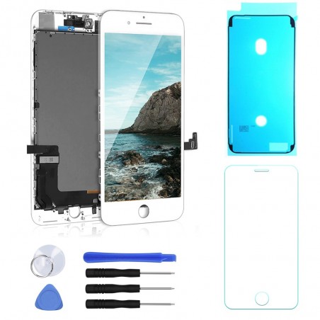 ECRAN LCD POUR IPHONE 8 PLUS BLANC + VITRE TACTILE SUR CHASSIS + OUTILS + JOINT + VERRE