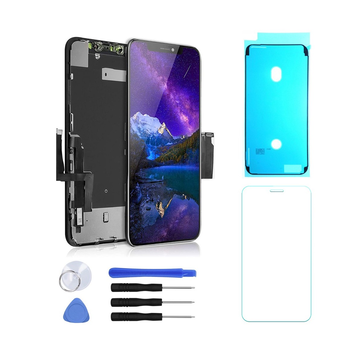 ECRAN LCD POUR IPHONE XR NOIR VITRE TACTILE SUR CHASSIS + OUTILS + JOINT + VERRE