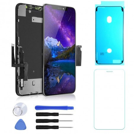ECRAN LCD POUR IPHONE XR NOIR VITRE TACTILE SUR CHASSIS + OUTILS + JOINT + VERRE