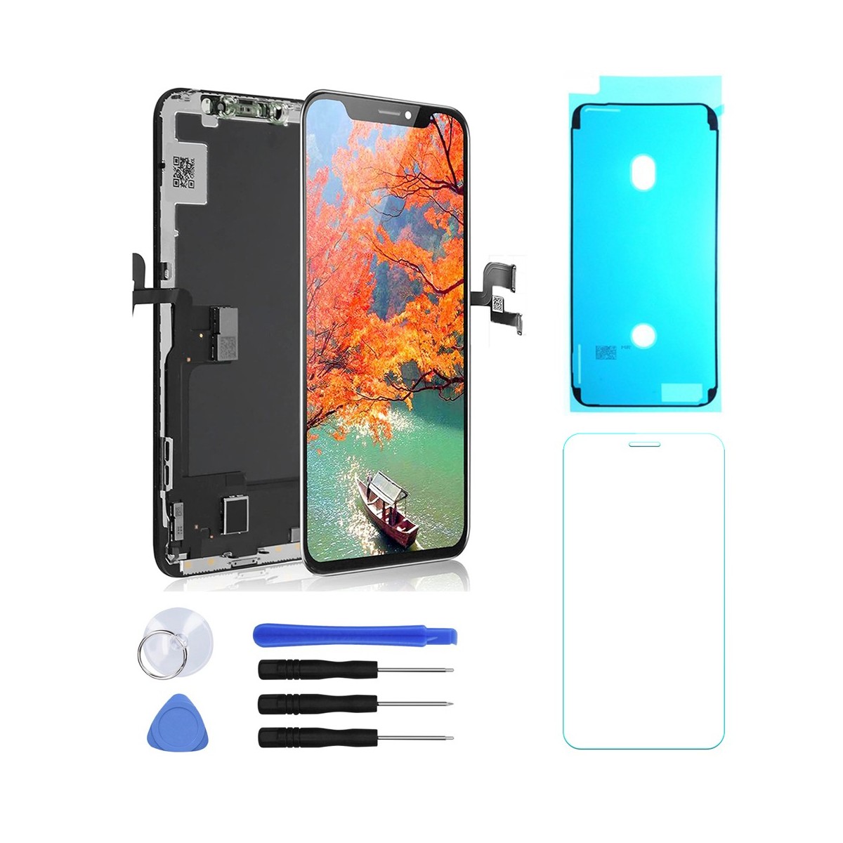 ECRAN TFT INCELL LCD POUR IPHONE XS VITRE TACTILE SUR CHASSIS NOIR AVEC OUTILS + VERRE TREMPÉ + JOINT