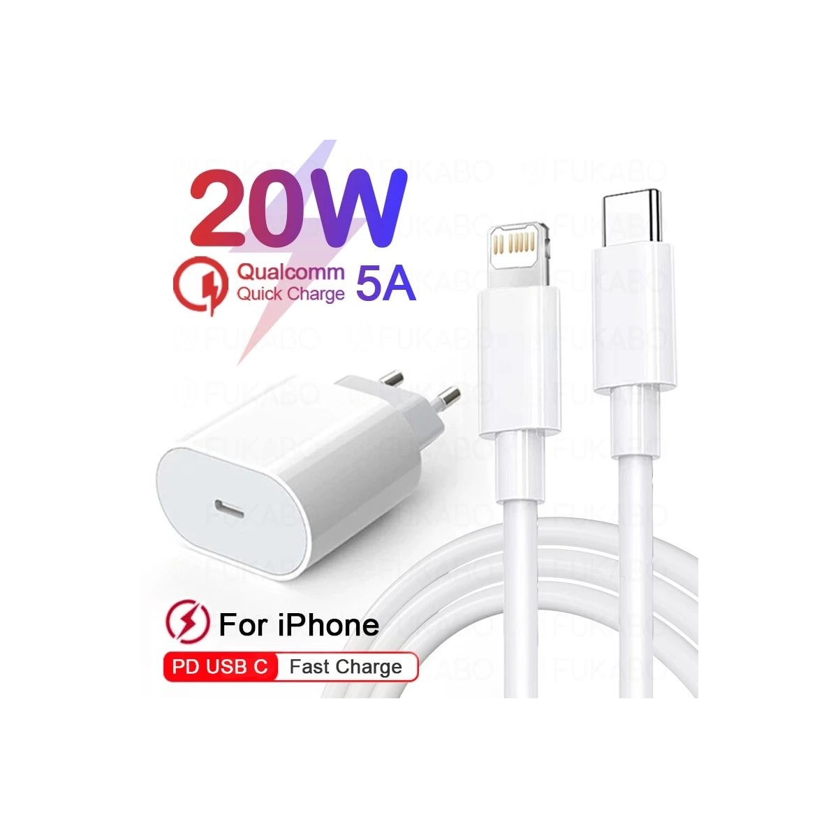 Pack Chargeur 20W Type-C avec câble pour iPhone Quick Charge PD