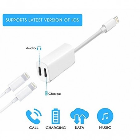 Adaptateur et Splitter double casque audio & Chargeur iPhone Blanc