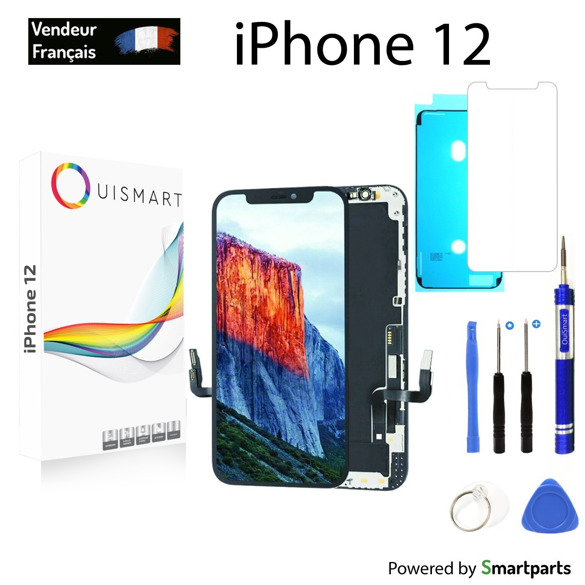 OuiSmart® ECRAN LCD POUR IPHONE 12 INCELL VITRE TACTILE SUR CHASSIS NOIR + VERRE + JOINT