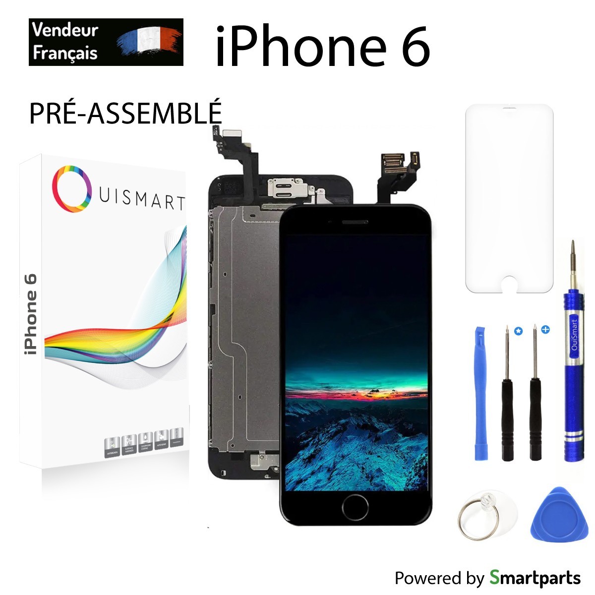 OuiSmart® BOITE BLOC COMPLET POUR IPHONE 6 NOIR TOUT ASSEMBLÉ VITRE TACTILE + ECRAN LCD + 1 VERRE TREMPE + BOITE FBC