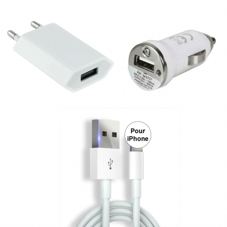 Chargeur + Chargeur Voiture + Cable compatible iPhone 5C/6S/7/8/X/X...