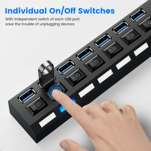 Hub Multiprise USB 3.0 avec 7 ports avec indicateur LED et interrupteurs individuels pour économiser l'énergie