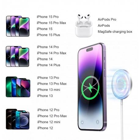 Chargeur Sans Fil Charge Rapide 15W Induction Magnétique Compatible Magsafe Iphone 15-14-14 Plus-14 Pro-14 Pro Max-13-12-11-X-Xs